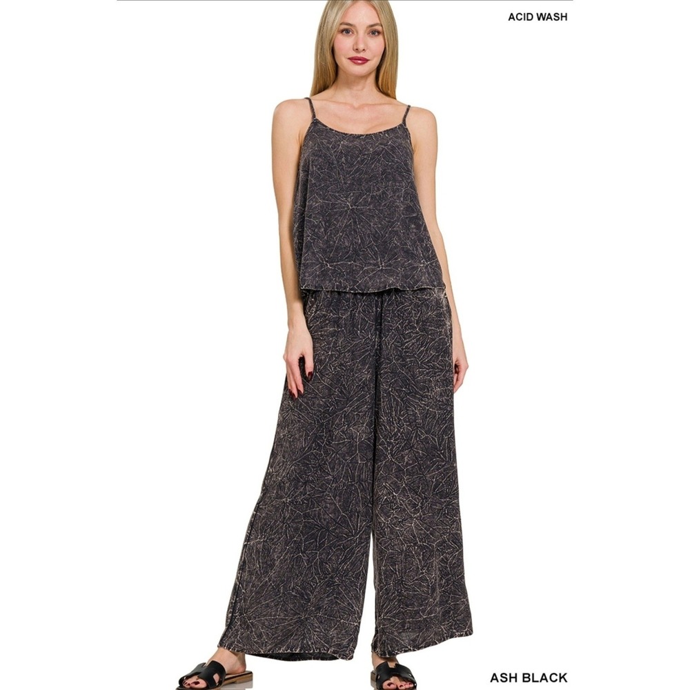 Zenana Woven Acid Washed Crinkle Cami Wide Leg Pants 2 Piece Set Ash Black Large